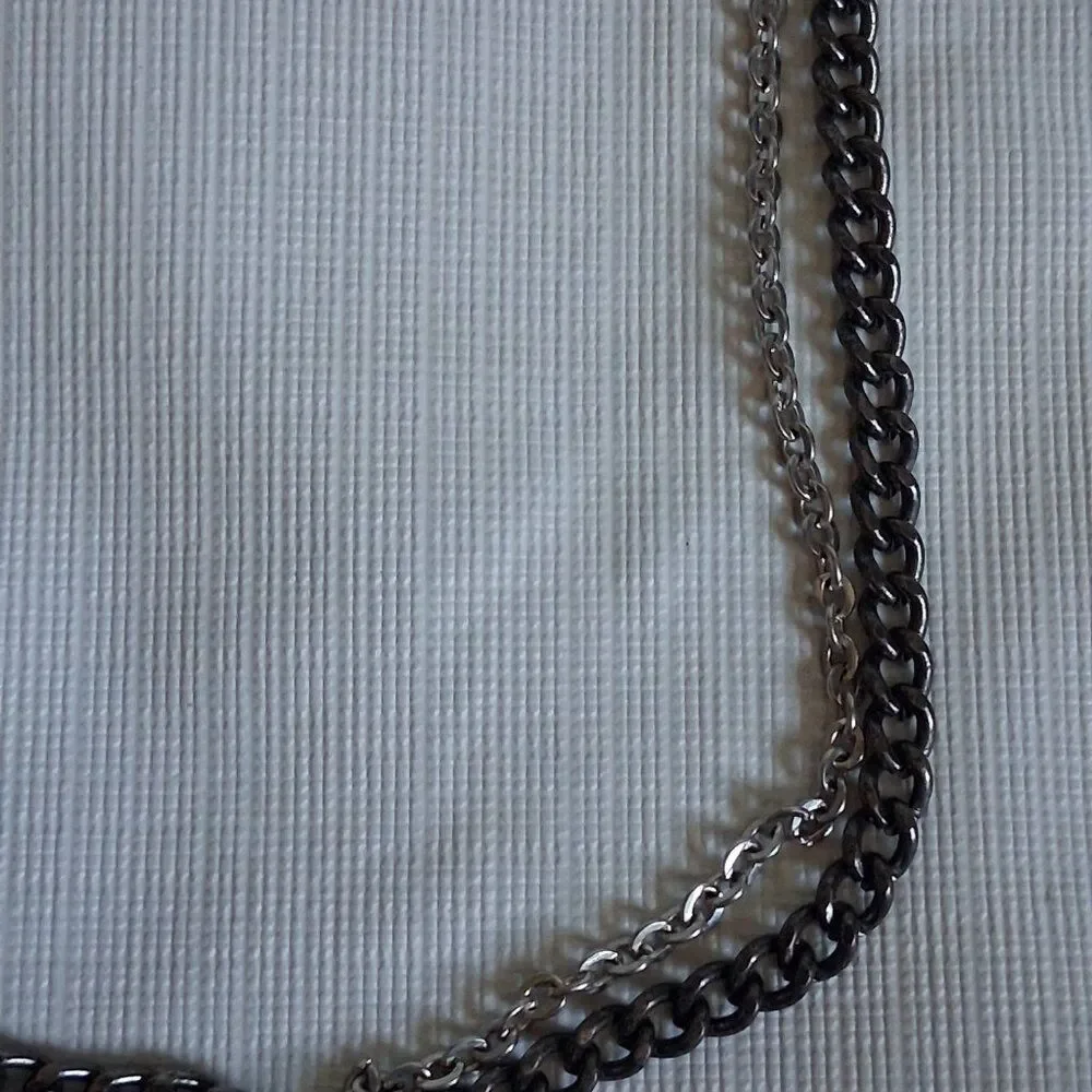 Gunmetal Gray and Silver Toned Metal Curb Cable Link Multi Strand Chain Necklace